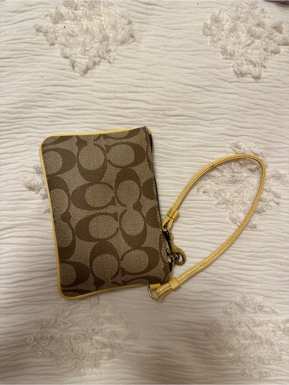 Coach Signature Stripe Zip Wristlet in Brown and Cream with Yellow Trim